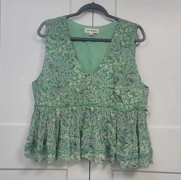 Lucky Brand Green Floral Ruched Ruffle Peplum Blouse - Boho Cottagecore - Picture 4 of 8